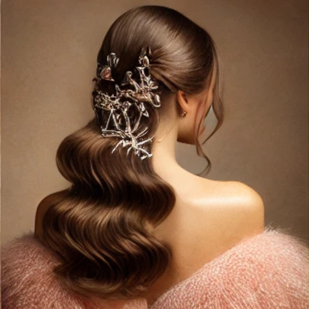 Contact Bpro Trainer Elegant Wavy Hairstyle with Ornate Hair Accessory – BPro Trainer Contact Bpro Trainer Luxurious wavy hairstyle adorned with an intricate metallic hair accessory, showcasing expert hairstyling techniques for special occasions.